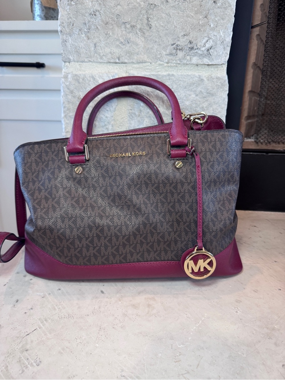Michael Kors Burgundy/Wine Monogram Matching Purse And Wallet Set